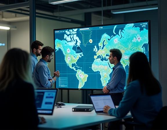 Teamet til Leireland Mark som samarbeider over et stort digitalt kart på kontoret.