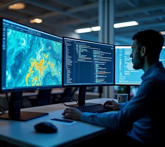 En moderne arbeidsstasjon med flere skjermer som viser GIS-programvare og kode.